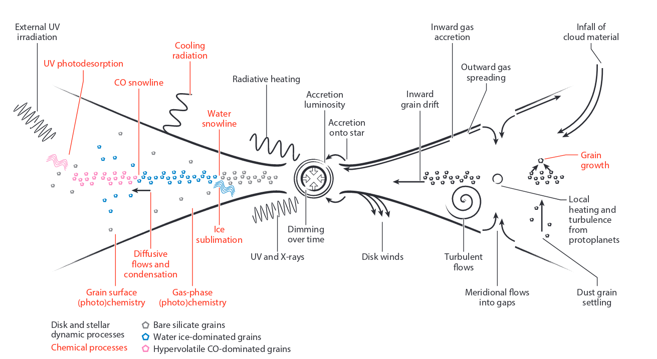 The interplay of physics and chemistry depicting various processes that undergo inside protoplanetary disks. It separates these processes into two categories: black for stellar/disk dynamics and red for chemical processes. Additionally, it depicts different types of grains: gray for bare silicate, blue for water ice, and pink for grains abundant in hypervolatiles such as CO.