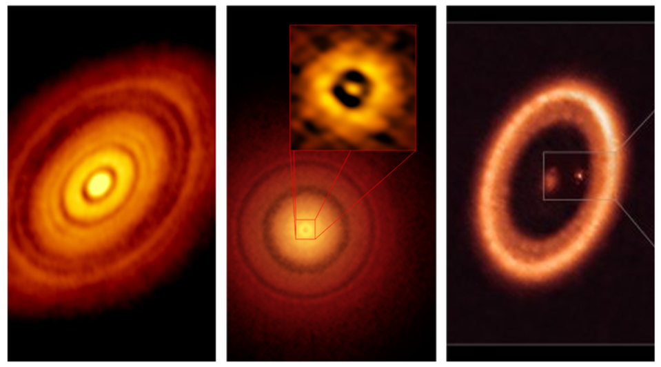 The left image shows an ALMA dust continuum image of the disk surrounding the star HL Tau @2015. The middle one reveals ALMA observations of the ringed sub-structure of TW Hya at 1 AU @Andrews2016. The right-most image featured the disk PDS70 highlighting the candidate protoplanet @Benisty2021.